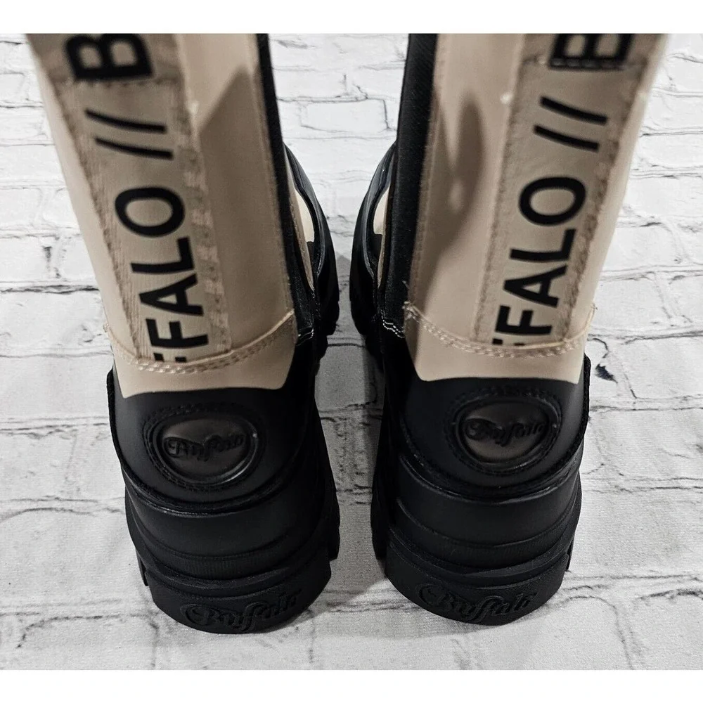 Buffalo Aspha Mid Vegan Leather Black Beige Chelsea Ankle Boots WOMENS SIZE 6.5